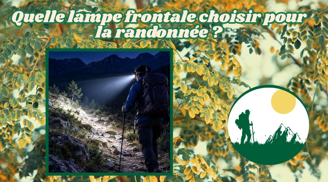 Homme en randonnée de nuit avec une lampe frontale éclairant un sentier