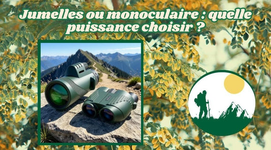 Jumelles et monoculaire posés sur un rocher en montagne