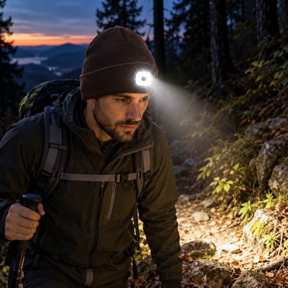 Randonneur avec bonnet LED allumé en forêt à la nuit tombée