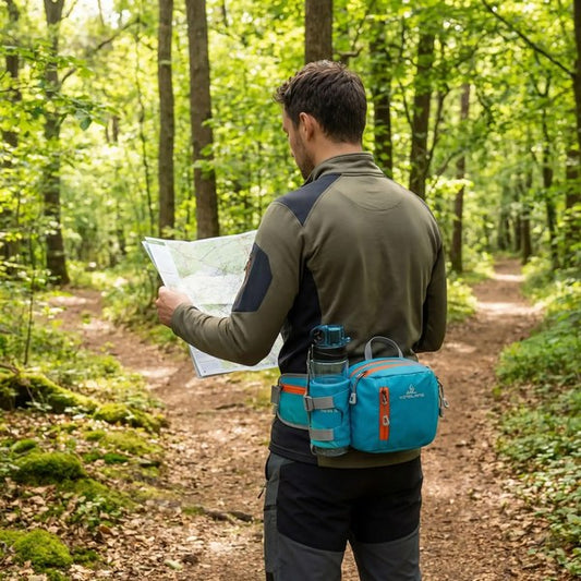 Randonneur lisant une carte avec ceinture porte gourde bleue