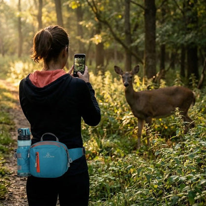Randonneuse en forêt avec ceinture porte gourde bleue