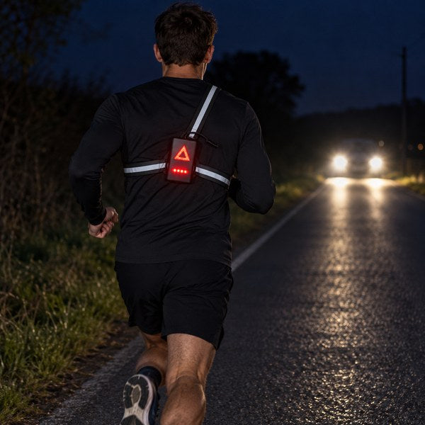 Feu rouge de lampe pectorale dans le dos d’un coureur