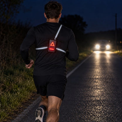 Feu rouge de lampe pectorale dans le dos d’un coureur
