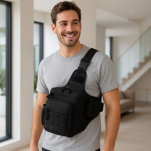 Homme portant le sac poitrine TrailChest noir