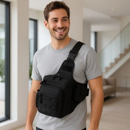 Homme portant le sac poitrine TrailChest noir
