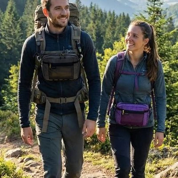 Couple de randonneurs avec sacoches poitrine NomadLight