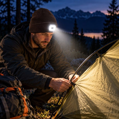 Campeur en bonnet LED marron montant sa tente la nuit