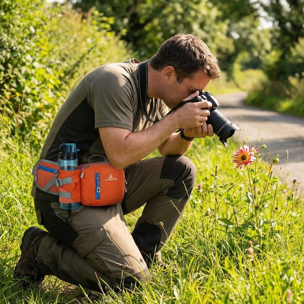 Photographe avec ceinture porte gourde orange à la taille