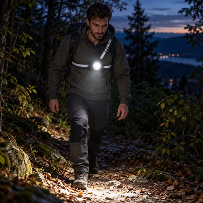 Randonneur avec lampe pectorale allumée en forêt le soir