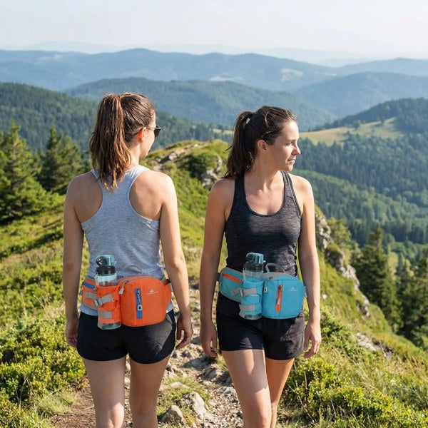 Deux randonneuses avec ceinture porte gourde en montagne