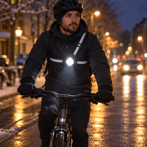 Cycliste avec lampe pectorale sur sa veste en hiver
