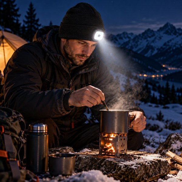 Randonneur en bonnet LED noir au bivouac d'hiver