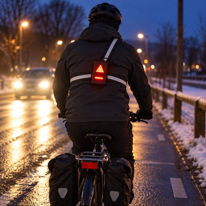 Cycliste vu de dos, feu rouge de lampe pectorale allumé