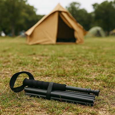 Baton randonnée par terre devant tente
