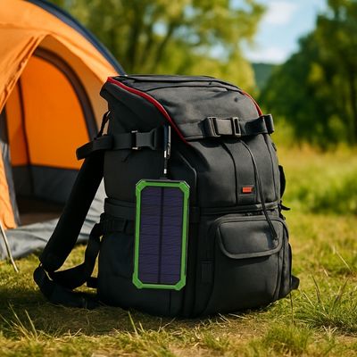 Batterie nomade solaire accrochée sac à dos dans camp