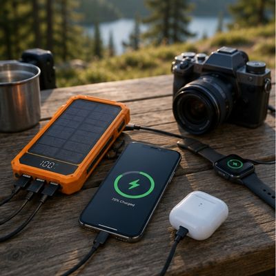 Batterie externe solaire charge appareils sur table pique-nique
