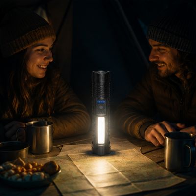 Couple assis table randonnée éclairé par lampe torche rechargeable