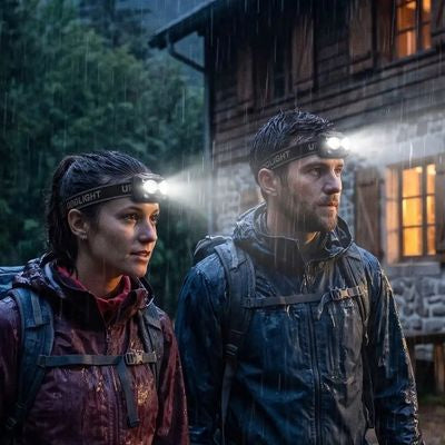 Couple devant gite avec lampe frontal pour trail