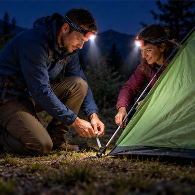 Couple monte tente avec mini lampe frontale rechargeable