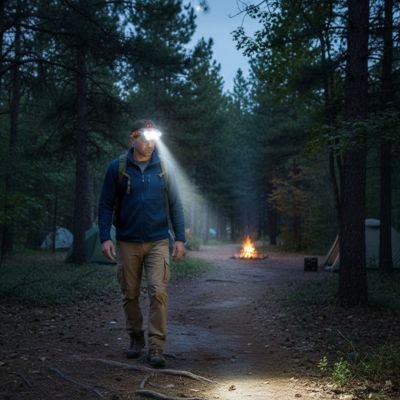 Départ matin randonnée homme lampe frontal trail forêt sapins