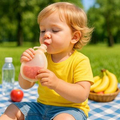 Enfant aspire purée fruits gourde pour compote réutilisable