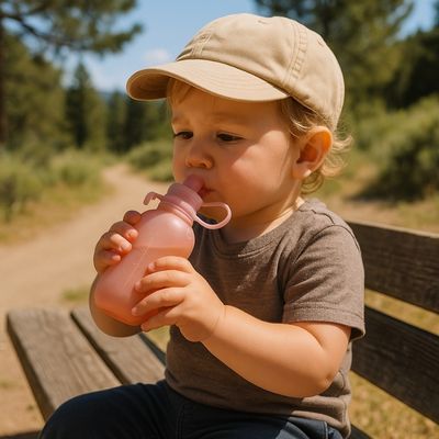 Enfant boit mélange fruits dans gourde réutilisable pour compote