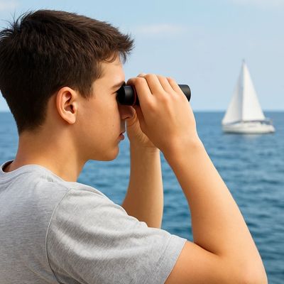 Enfant regarde avec jumelles longue portée départ course nautique