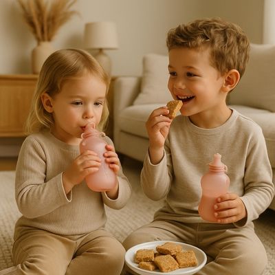 Enfants boivent mélange fruits dans gourde réutilisable pour compote