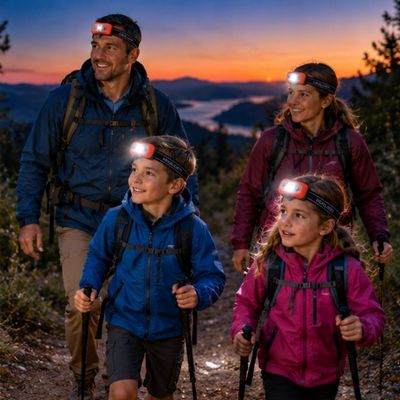 Famille balade nocturne avec mini lampe frontale rechargeable