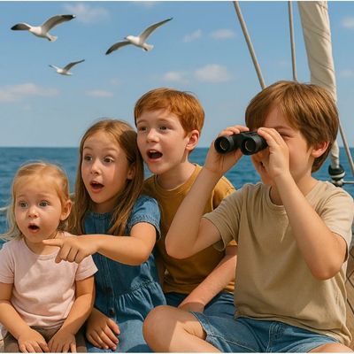 Famille bateau avec jumelles pour observer les oiseaux