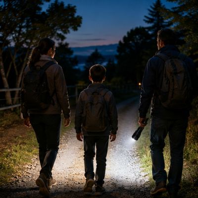 Famille finit balade soir avec lampe torche rechargeable