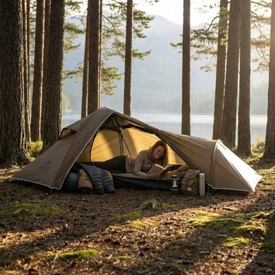 Femme allongée confortablement tente ultra légère 1 place montée prairie