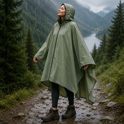 Femme apprécie cape de pluie femme pendant randonnée