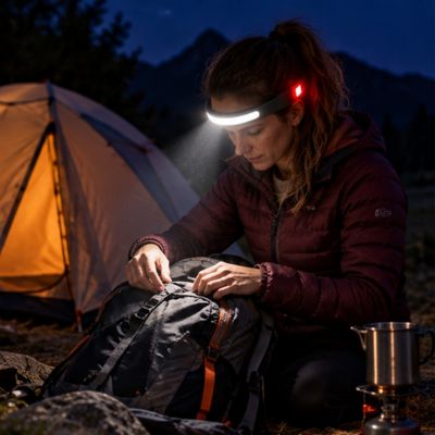 Femme assise bivouac soir lampe frontale rechargeable