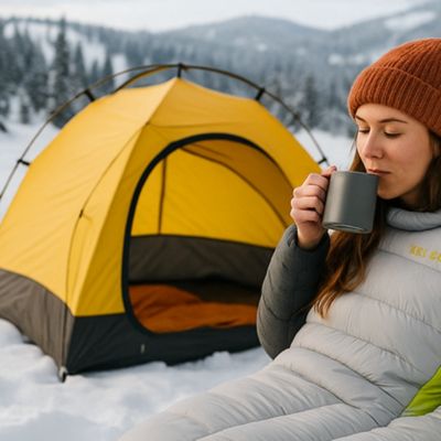 Femme assise sac de couchage grand froid boit café