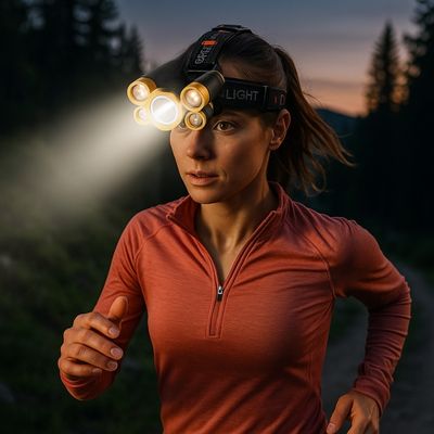 Femme avec lampe frontale puissante 20000 lumens course nocturne