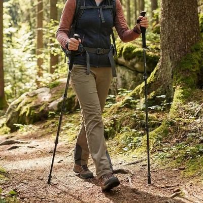 Femme baton de marche telescopique sur chemin forestier