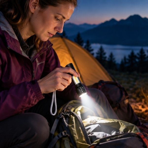 Femme bivouac fouille dans sac lampe torche rechargeable
