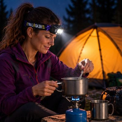 Femme bivouac prépare repas avec lampe frontale rechargeable