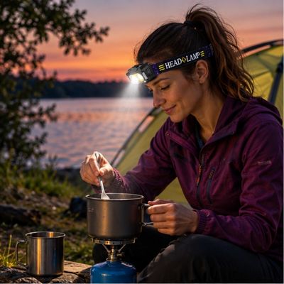 Femme bivouac près lac cuisine avec lampe frontale rechargeable