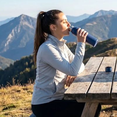 Femme boit dans une bouteille isotherme purificatrice