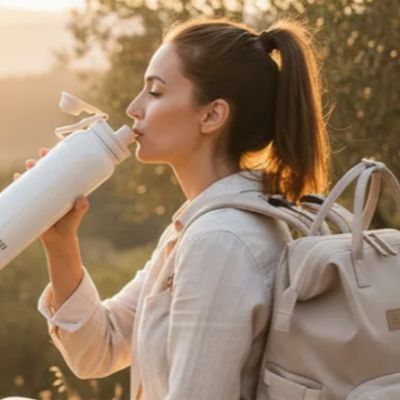 Femme boit gourde isotherme sport pendant randonnée