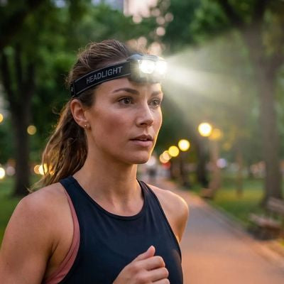 Femme court allée parc avec lampe frontal pour trail