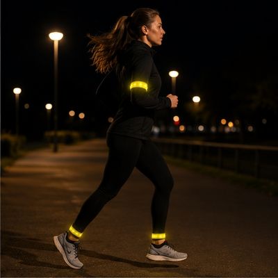 Femme court soir parc avec brassard running