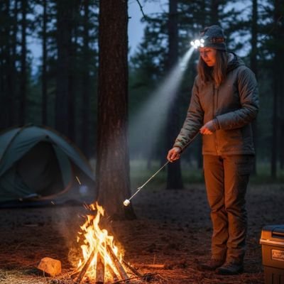 Femme cuit aliment lampe frontal trail sur feu