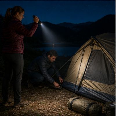 Femme éclaire mari monte tente avec lampe torche rechargeable