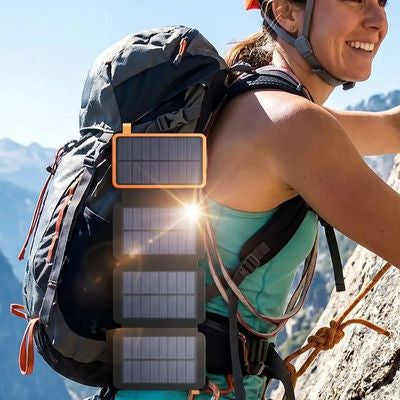 Femme escalade avec batterie externe 50000mah fixée sac