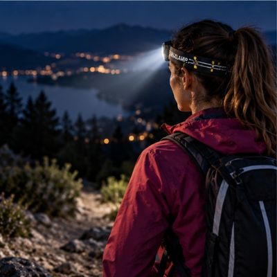 Femme finit balade avec lampe frontale trail