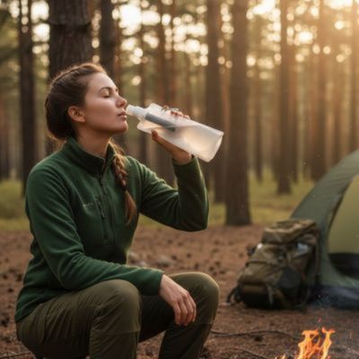 Femme forêt assise tronc boit gourde filtrante eau non potable