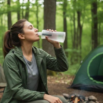 Femme forêt côté feu boit gourde filtrante eau non potable 